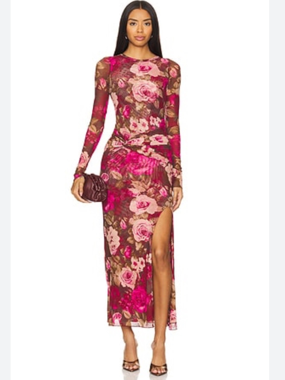 Free People Floral Long-Sleeve Maxi Dress in Pink and Brown
